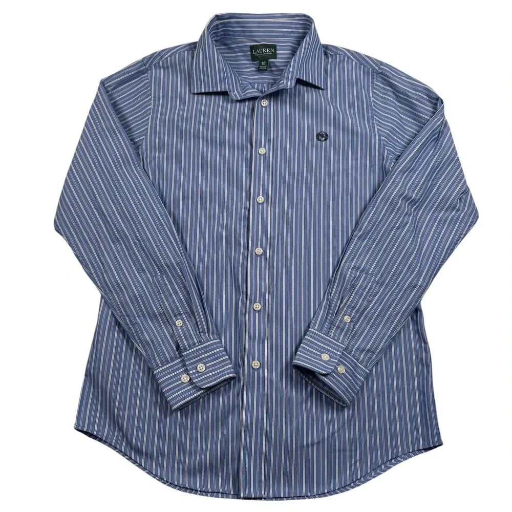 Ralph Lauren‎ Button Up Shirt Boys 18 Blue White Striped Crest Logo Long Sleeve